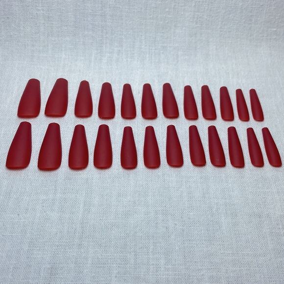 Red Matte Press On Nails Set Long Coffin Shape with Glue 25 pc Fake False Kit - Picture 2 of 4